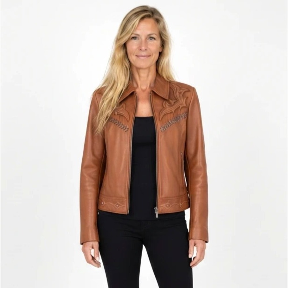 Cripple Creek Brown Western Leather Jacket With Raised Embellishments Sz L Large